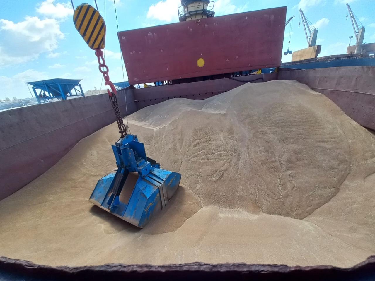 Grab claw discharging grain from vessel hold